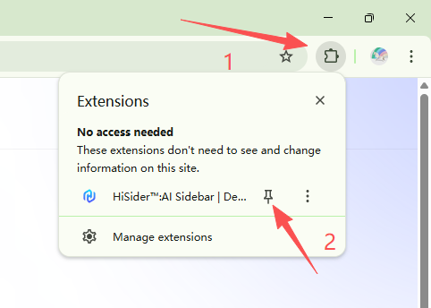 Click the puzzle icon and then the pin icon to pin the HiSider extension to the browser toolbar