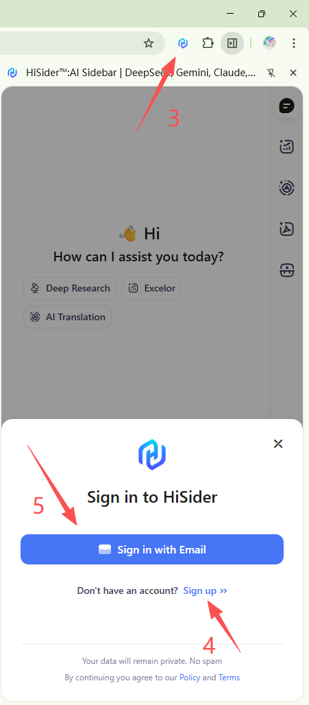 Open the HiSider extension, sign up with your email, and verify your email account
